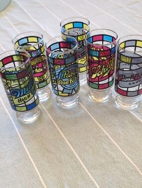 Vintage 12oz Beer Logo Glasses with Colorful Stained Glass Design